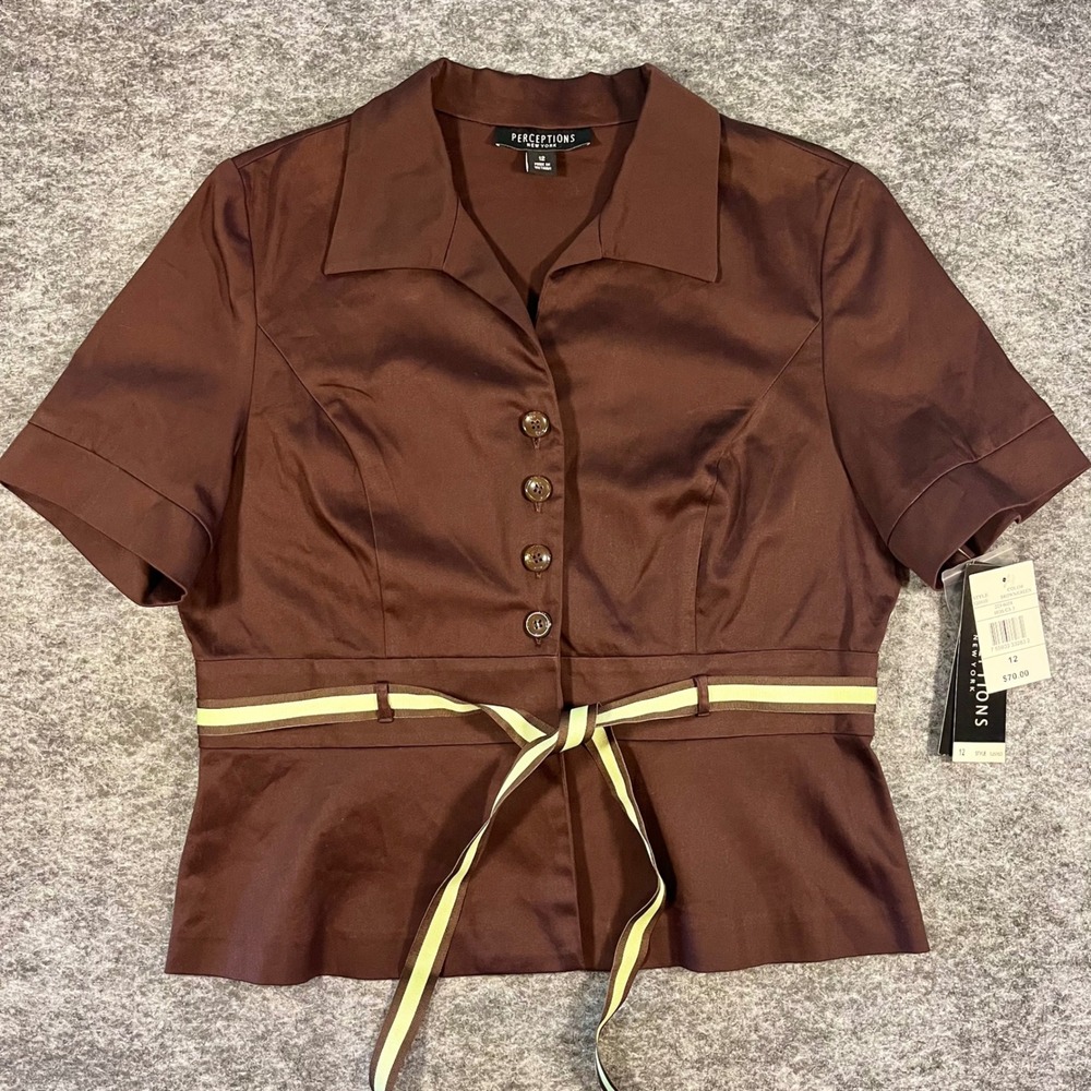 Perceptions New York Peplum Belted Blouse Women 12 Brown Short Sleeve Top Office
